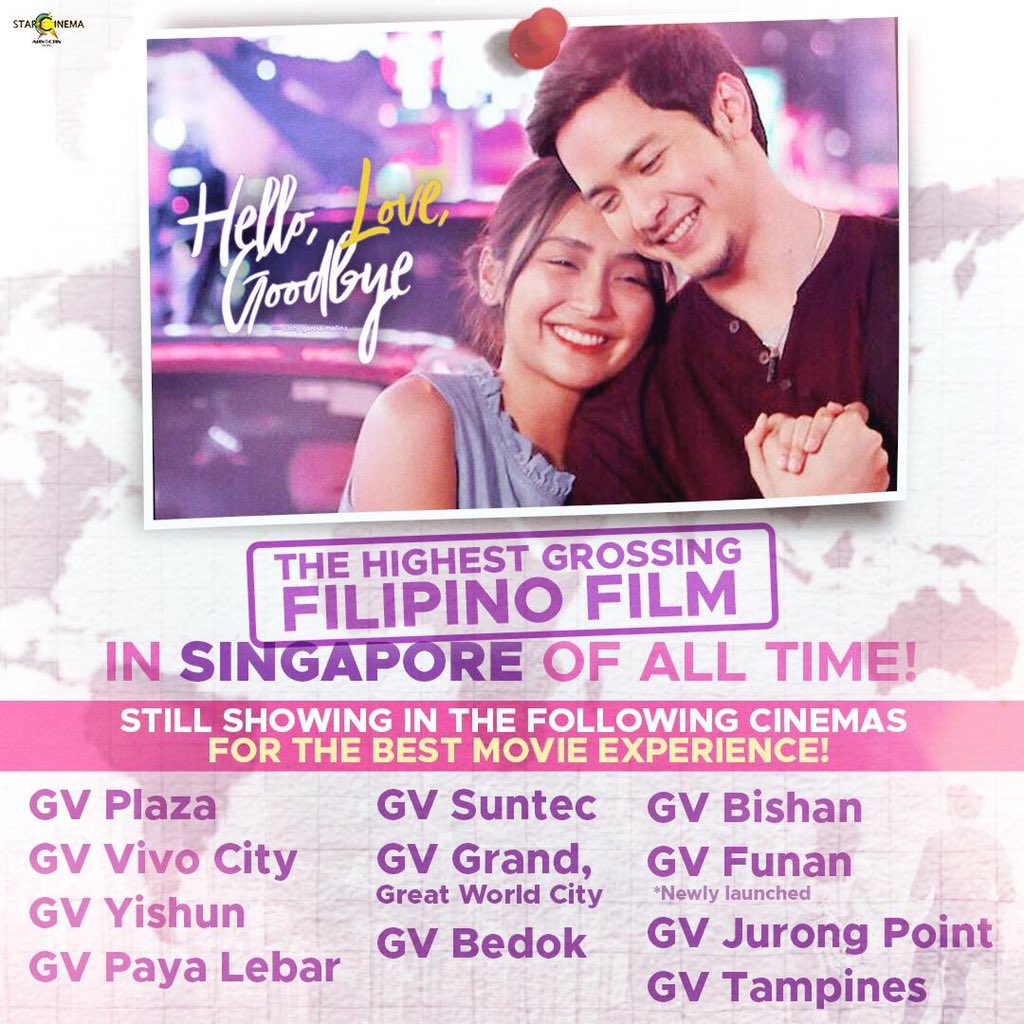 KapamilyaTFC's tweet photo. #HelloLoveGoodbye, officially the highest-grossing Filipino film in Singapore! 😱

Hindi lang sa Middle East, Australia, at New Zealand gumawa ng record-breaking success ang movie na ito, ngayon pati sa Singapore na rin! 😍 Maraming, maraming salamat po! 

#HelloLoveLunes https://t.co/vN67yHFaBJ