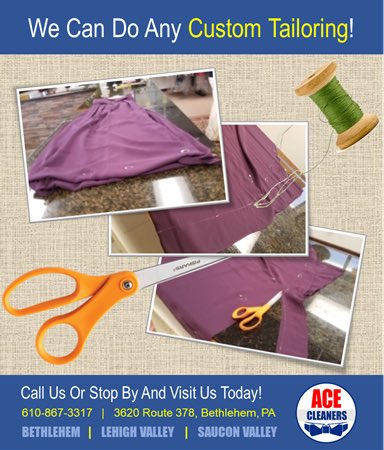 AceCleanerPA's tweet photo. ACE Cleaners…We have over 26 years of experience in alterations and tailoring 👔 👗.
 
Call 610-867-3317 or stop by today for more information or pricing quotes.
 
#cleaners #drycleaning #bethlehem #lehighvalley #alternations #tailoring https://t.co/r1cxVInZ4L