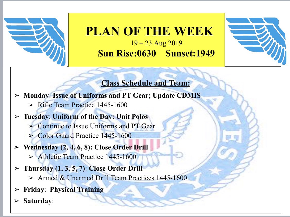 WFHS_NJROTC's tweet photo. Plan of the Week for 19-23 August and the Current Operations slide for the next 30 days. Please plan accordingly. ~SNSI https://t.co/pFmA8Z0b9M