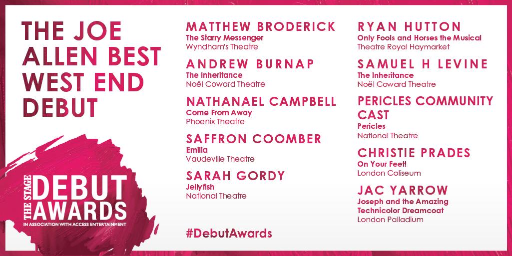 TheStage's tweet image. Don’t forget to vote for your favourite performer to win The Joe Allen Best West End Debut at The Stage #DebutAwards. Find out more and how to vote here: bit.ly/2N7yYXH @JoeAllenWC2