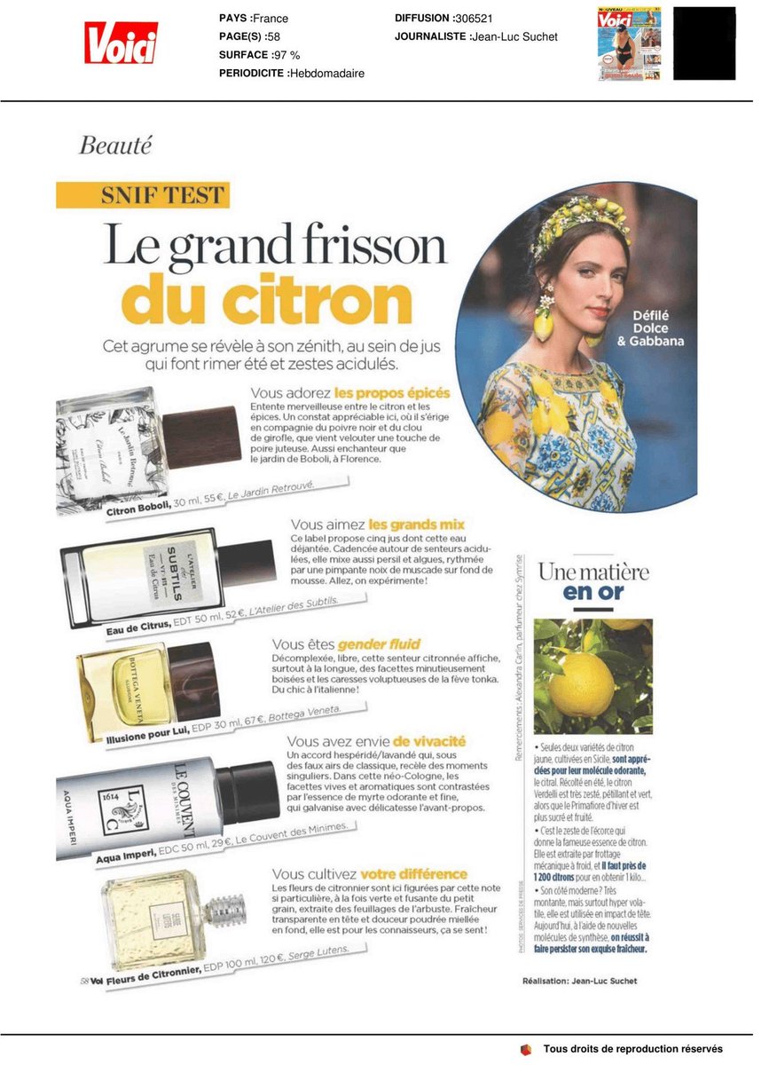 LeCouventFR's tweet photo. "All about lemon" 🍋 - Find our Botanical Cologne AQUA IMPERI in @Voici ! 
#lecouventdesminimes #HauteParfumerie #singularperfume #madeinfrance #vegan #uniqueness #crueltyfree #green #parfum #perfume #aquaimperi #botanicalcologne https://t.co/YOr4HYlue3