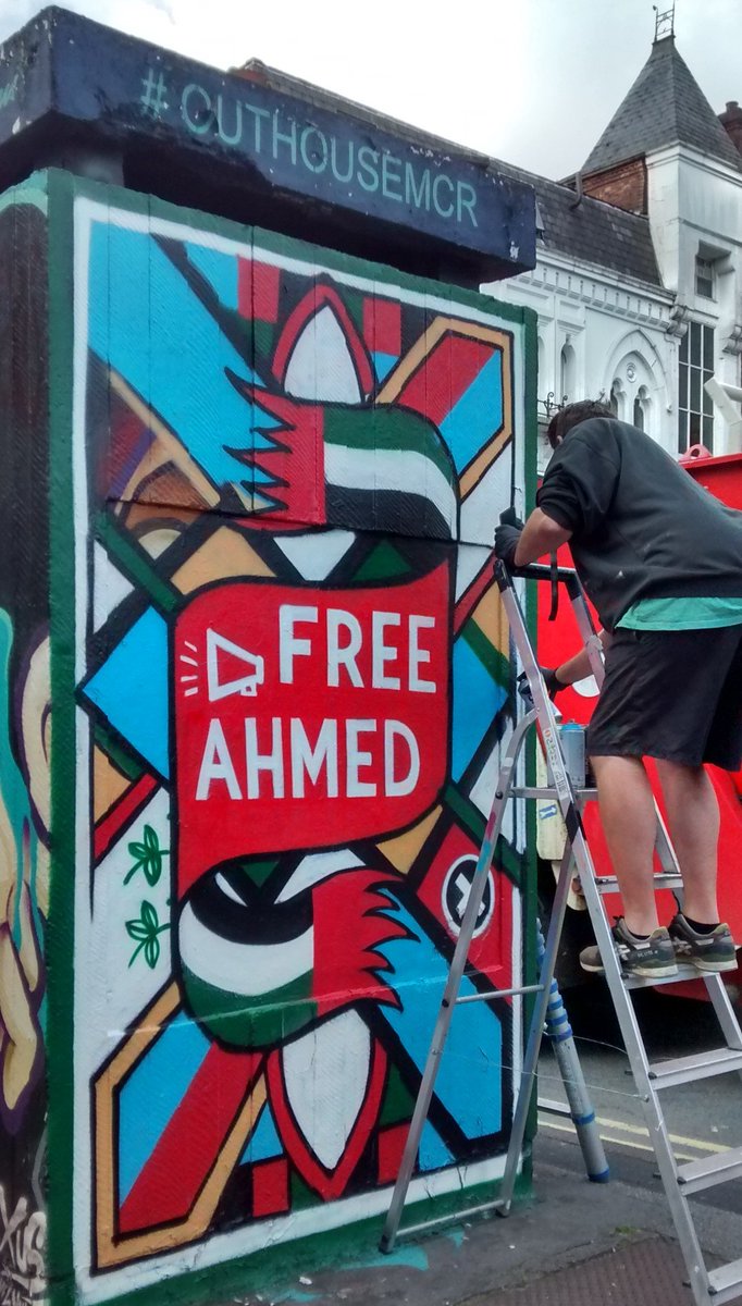 PublicMtg's tweet photo. Local artists at work this weekend in Stevie Square - @graffiti_russ painting a design by @beckystrick, @carolinedowsett, @_AhoyThere at @outhousemcr #Manchester You can checkout Harrison's @_AhoyThere exhibition @idlehandscoffee just round the corner! #BeKind #FreeAhmed https://t.co/AauS8Og0kz