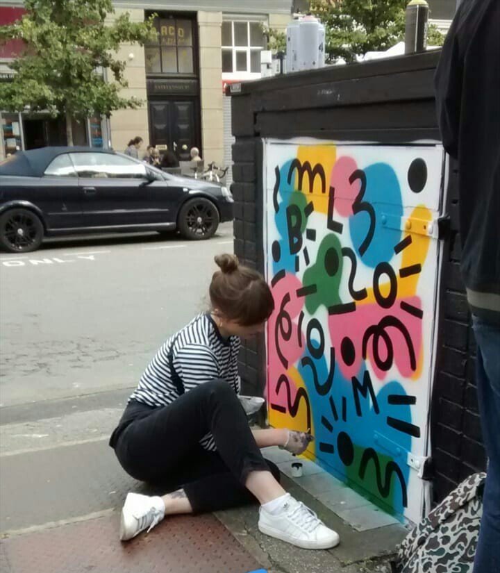 PublicMtg's tweet photo. Local artists at work this weekend in Stevie Square - @graffiti_russ painting a design by @beckystrick, @carolinedowsett, @_AhoyThere at @outhousemcr #Manchester You can checkout Harrison's @_AhoyThere exhibition @idlehandscoffee just round the corner! #BeKind #FreeAhmed https://t.co/AauS8Og0kz