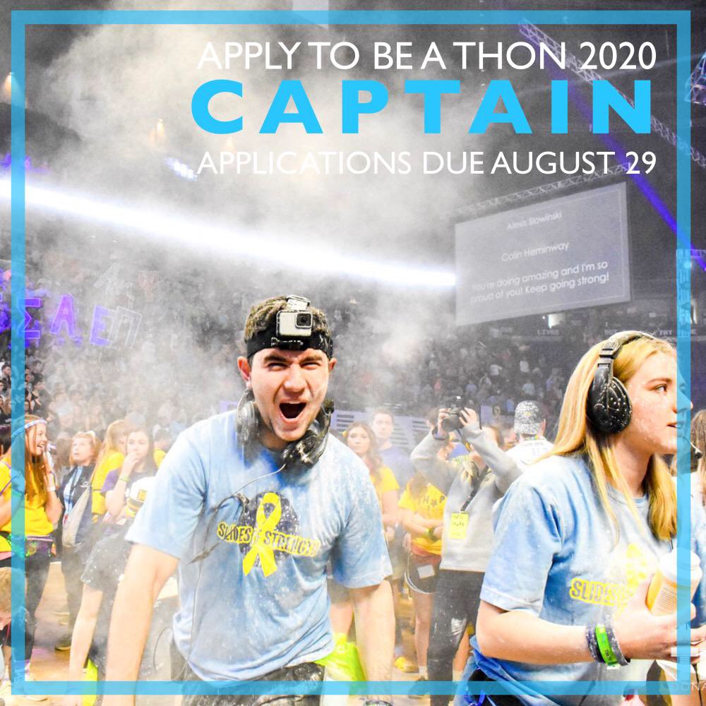 THON 2020 Captain Applications are now LIVE at think.THON.org! They will be due in the THON Office (227D HUB) and online by 5 p.m. on Thursday, August 29th. Make a difference in the life of a child, today.