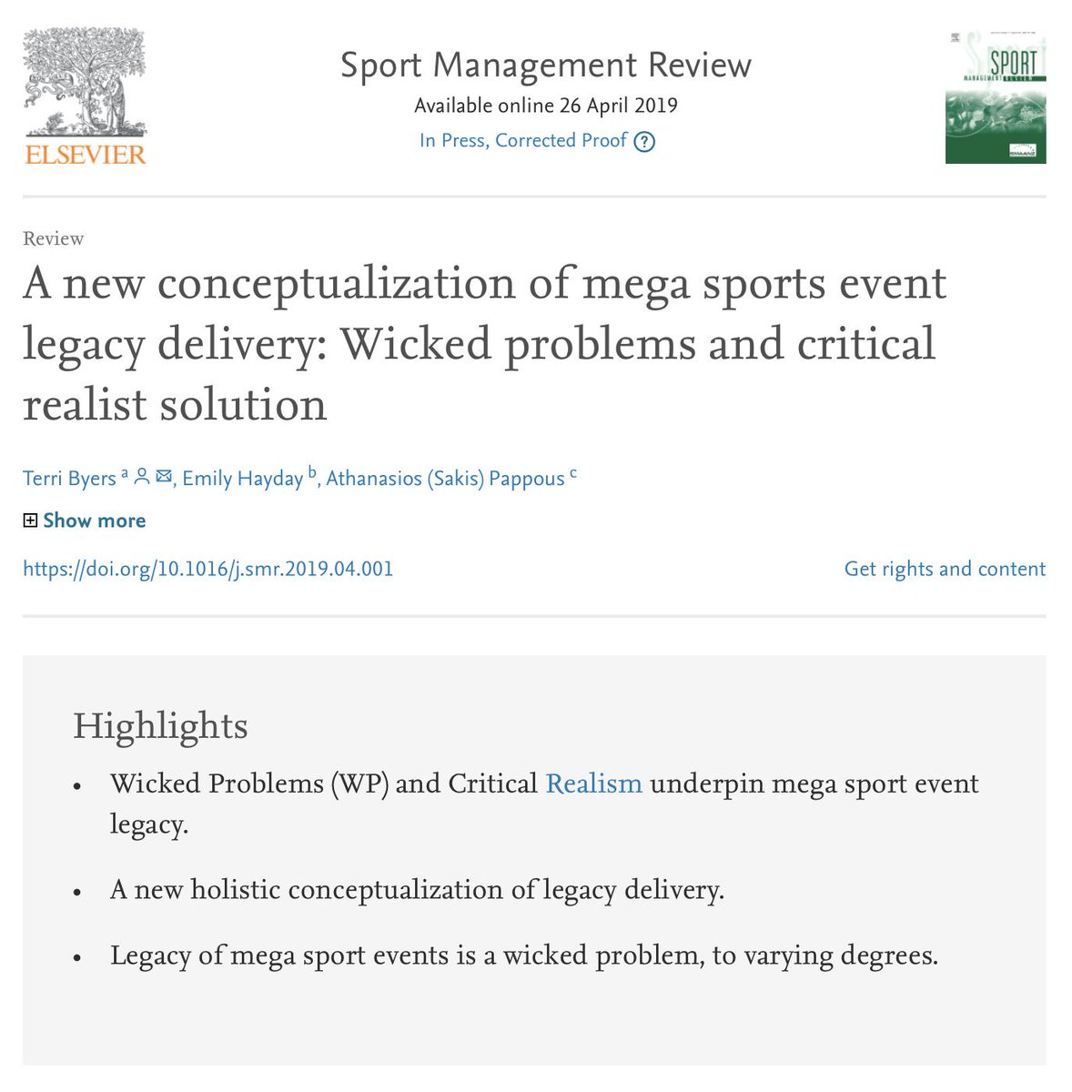SMR_Journal's tweet photo. In a new @SMR_Journal article, Terri Byers, Emily Hayday, and Athanasios (Sakis)Pappous offer a new conceptualization of mega sports event legacy delivery.

https://t.co/VmvJpa5RB8

#events #eventlegacy @SMAANZBoard https://t.co/H67fikWKC8
