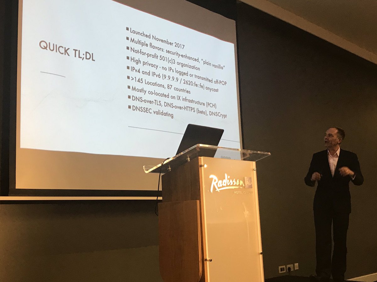 LINX_Network's tweet photo. #LINX106 - Andy Bates of @GlobalCyberAlln is giving an overview of #Quad9 an open, free recursive #DNS service which is being operated in collaboration with @IBM and @PCHglobal https://t.co/zcwNp45eED