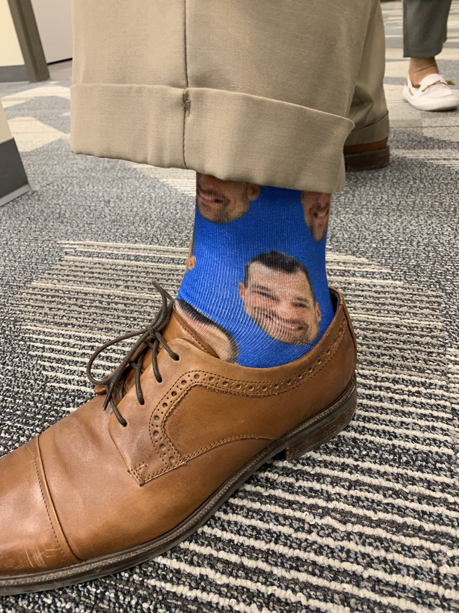 LillianSchuElem's tweet photo. When you talk about your learning from @Wes_Kieschnick and #BoldSchool and then take your team to #MSC2109 and then your teachers have socks made by @DivvyUpSocks with Weston’s face on them... you wear them! #LSsharks @RigorRelevance https://t.co/bcAipIlRsT