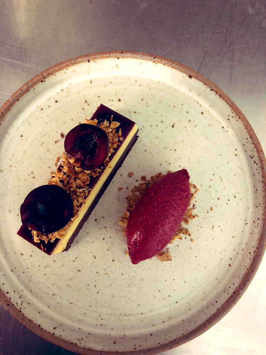 HostIlkley's tweet photo. This little beauty hit the menu on Saturday night and almost sold out!

Chocolate, cherry &amp; caramel torte, Sour cherry sorbet, walnut 

#chocolate #dessert #Yorkshire 🍫🍒 https://t.co/6eUZ9vd8op