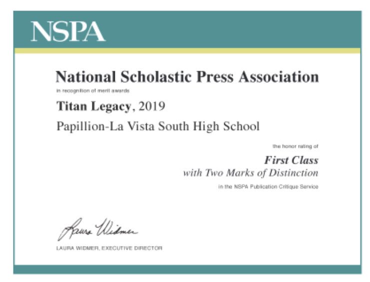 PLS_activities's tweet photo. Congratulations to our student-produced news magazine, Titan Legacy, which recently received a 1st Class honor rating with Marks of Distinction for Coverage &amp; Content &amp; Presentation from the National Scholastic Press Association for the 2018-2019 school year. https://t.co/Cm1vEmwZPu