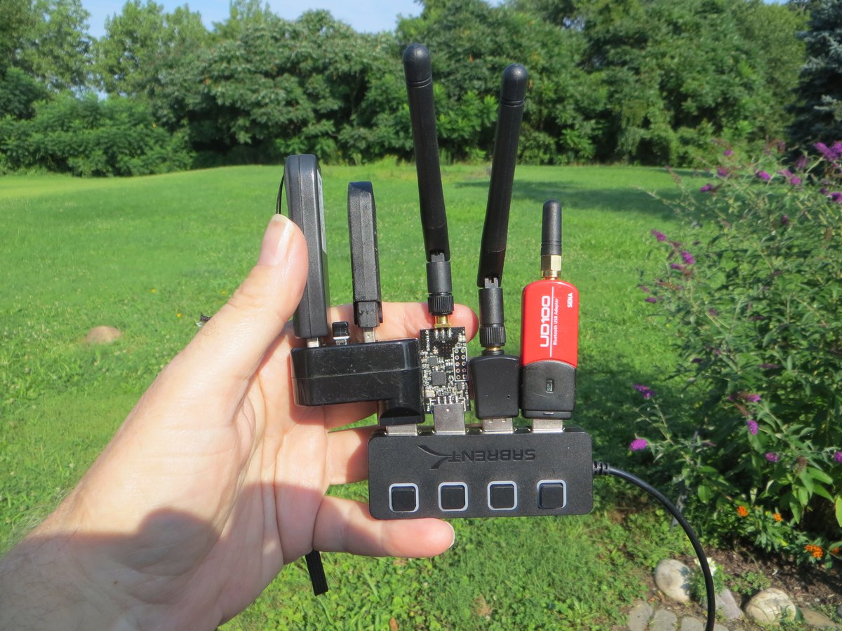 grymoire's tweet photo. LOL! This may be the smallest testbed I've ever used. CrazyRadio PA, April USB Dongle 52840, 3 receivers. Testing #Mousejack #LOGItacker #jackit thx to @mame82 @phikshun software and @Bitcraze @aprbrother hw https://t.co/hyuhftHuDr