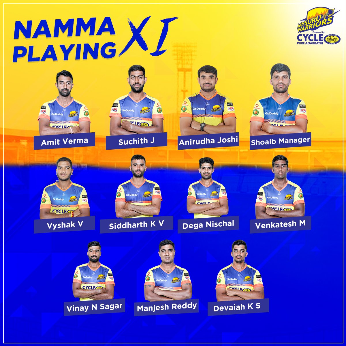 mysore_warriors's tweet photo. Here's how we line-up against @Belagavi_kpl
for our third match of the campaign. Let's go Warriors!
#MWvSL #GoWarriors #KPL8 #NammaKPL #KPLNoduGuru https://t.co/nHoJQDgXLp