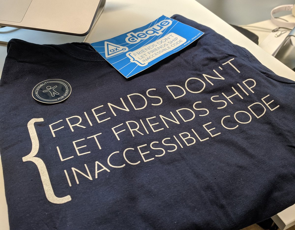 rileymacisaac's tweet photo. Thanks for the awesome t-shirt and stickers @dequesystems ! #AccessibilityForGood #a11y https://t.co/V7xeVYiIaD