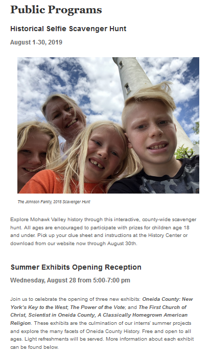 UticaCollegeCHR's tweet photo. Here are the August 2019 events for the Oneida County Historical Center! #history #localhistory #OneidaCounty https://t.co/qF6YAMcOmt