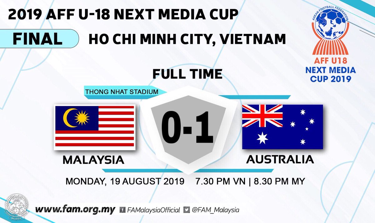 FAM_Malaysia's tweet photo. 2019 AFF U-18 Next Media Cup Final | Monday, 19th August 2019
Full Time
MALAYSIA 0-1 AUSTRALIA
Lachlan Ricky Brook 79’
* Congratulations to the Malaysia U-18 squad for finishing runners-up of the 2019 AFF U-18 Next Media Cup
#FAM #HarimauMalaya #AFFU18 https://t.co/glL6tF7OgB