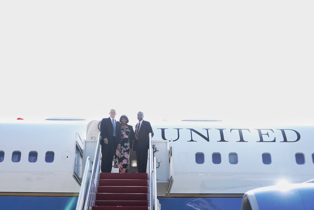 VP45's tweet photo. Traveling to the great state of Michigan with @SecretaryCarson to address the @deteconomicclub about how President @realDonaldTrump’s economic agenda is WORKING for American families &amp; American business! https://t.co/SRoX00OtzK