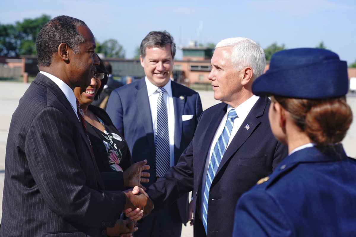 VP45's tweet photo. Traveling to the great state of Michigan with @SecretaryCarson to address the @deteconomicclub about how President @realDonaldTrump’s economic agenda is WORKING for American families &amp; American business! https://t.co/SRoX00OtzK