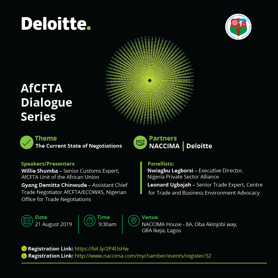 DeloitteNigeria's tweet photo. Don't miss the second edition of the NACCIMA-Deloitte AfCFTA Dialogue Series. Kindly register to attend via https://t.co/KgUJHIP4u1 https://t.co/dM9moFHdOu