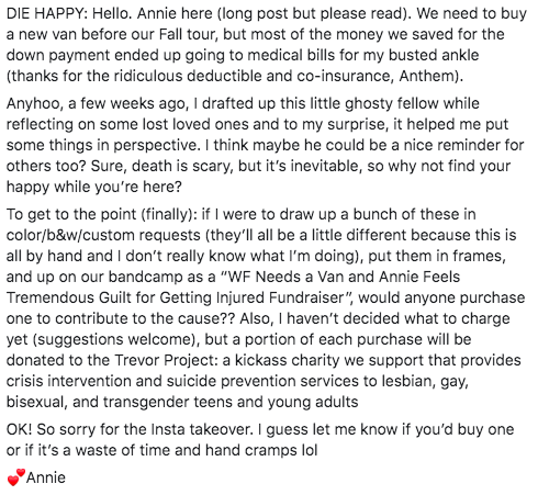 wkndfriends's tweet photo. Hey! In case you missed it, we started a little online fundraiser via our @Bandcamp yesterday, @anniehoffman's drawing some cute original prints, to help raise money for a new van/medical bills, 10% goes to the @TrevorProject (read below)! Grab some art! https://t.co/5dSakA9Yka https://t.co/QpeDTgd7I2