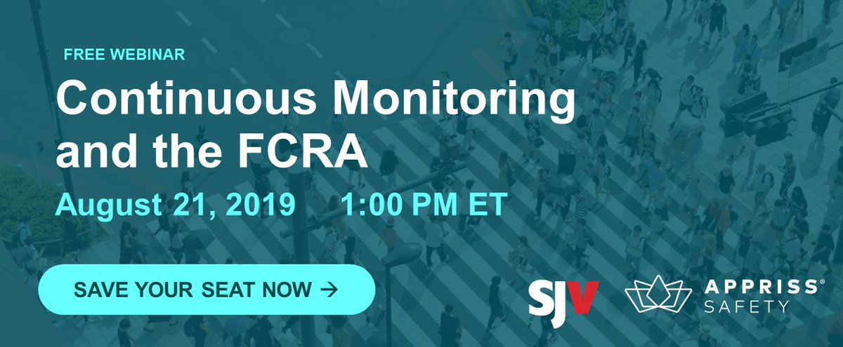 SJVData's tweet photo. Join us and our friends at @ApprissSafety this Wednesday for a webinar on #ContinuousMonitoring and the #FCRA, featuring FCRA-expert Scott Paler https://t.co/0JSMocZnht #backgroundchecks #napbs #backgroundchecks #napbs https://t.co/1rbGlx7rgj