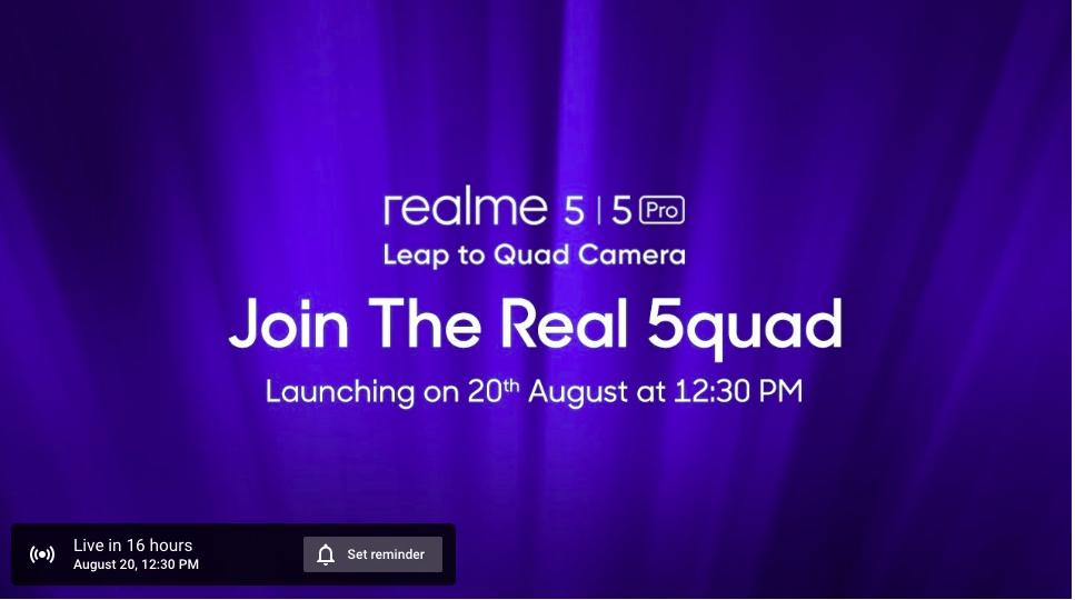 mysmartprice's tweet photo. Realme 5 | 5 pro, Launching Tomorrow, Set the Reminder. With 48 MP Quad Camera. Wide-Angle Lens. Primary Lens | Super Macro Lens | Portrait Lens, Leap to Quad Camera.
Watch the launch event of #realme5series and #JoinTheReal5quad.
Link: https://t.co/wwBzScCvpw https://t.co/MUw85Zp8le