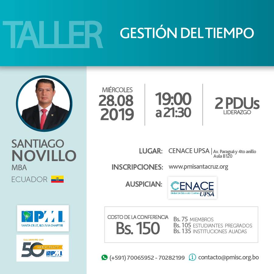 Están invitados a participar de este taller en el que podrás identificar los factores que influyen en el uso de tu tiempo a través de herramientas didácticas que te permitirán optimizar tus habilidades en función al tiempo. bit.ly/2KF6LWs    #PMISantaCruzBoliviaChapter