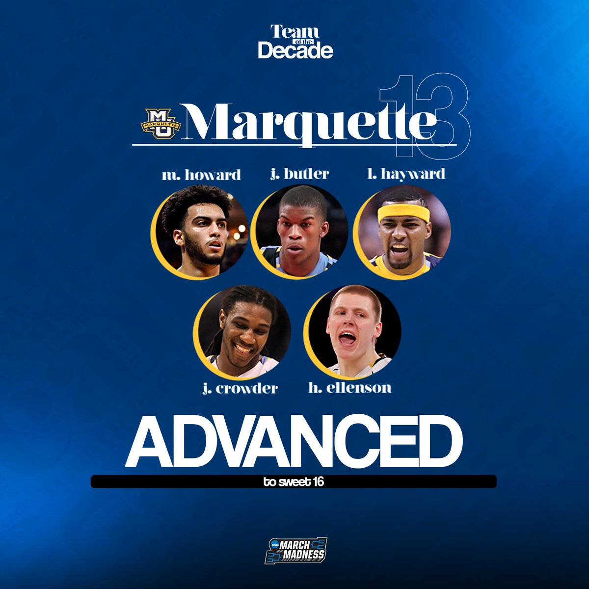 MarchMadnessMBB's tweet photo. You can find these teams in the #MMToD Sweet 16...

@DukeMBB over Xavier
@MarquetteMBB over West Virginia
@ButlerMBB over Iowa State
@BoilerBall over Louisville https://t.co/i32I9H8Kel