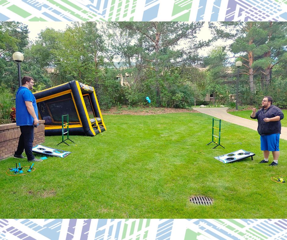 PMXpertCMMS's tweet photo. Shaun and Spencer are enjoying some summer lawn games at Boffins, courtesy of Innovation Place! #summertime #beanbagtoss #innovationplace #pmxpert #software https://t.co/KHcqxKWuP4