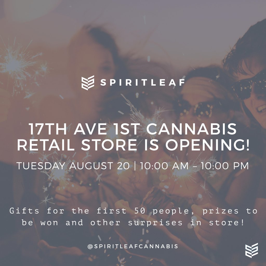 SpiritleafCA's tweet photo. The first 50 guests who visit the 17 Ave, #Calgary location on Aug 20'19 will receive a free gift! There will be a live DJ to enjoy &amp; educational sessions hosted by Licensed Producers onsite.  *Must be 18 years of age, no purchase necessary. #17Aveswyyc #RedMileYYC #YYCDowntown https://t.co/3ZQ3HP9WmZ