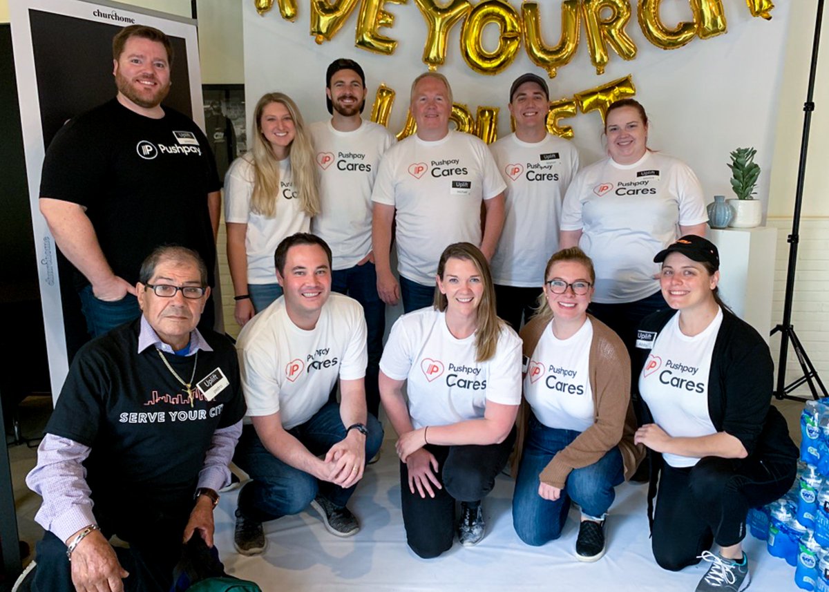 Pushpay's tweet photo. We were honored to partner with one of our local customers @churchome to support their annual #serveyourcity event. We spent Saturday volunteering at the Seattle Street Store to provide clothing and haircuts for people experiencing homelessness. #pushpaycares #teampushpay https://t.co/3gZLqeoq5Q