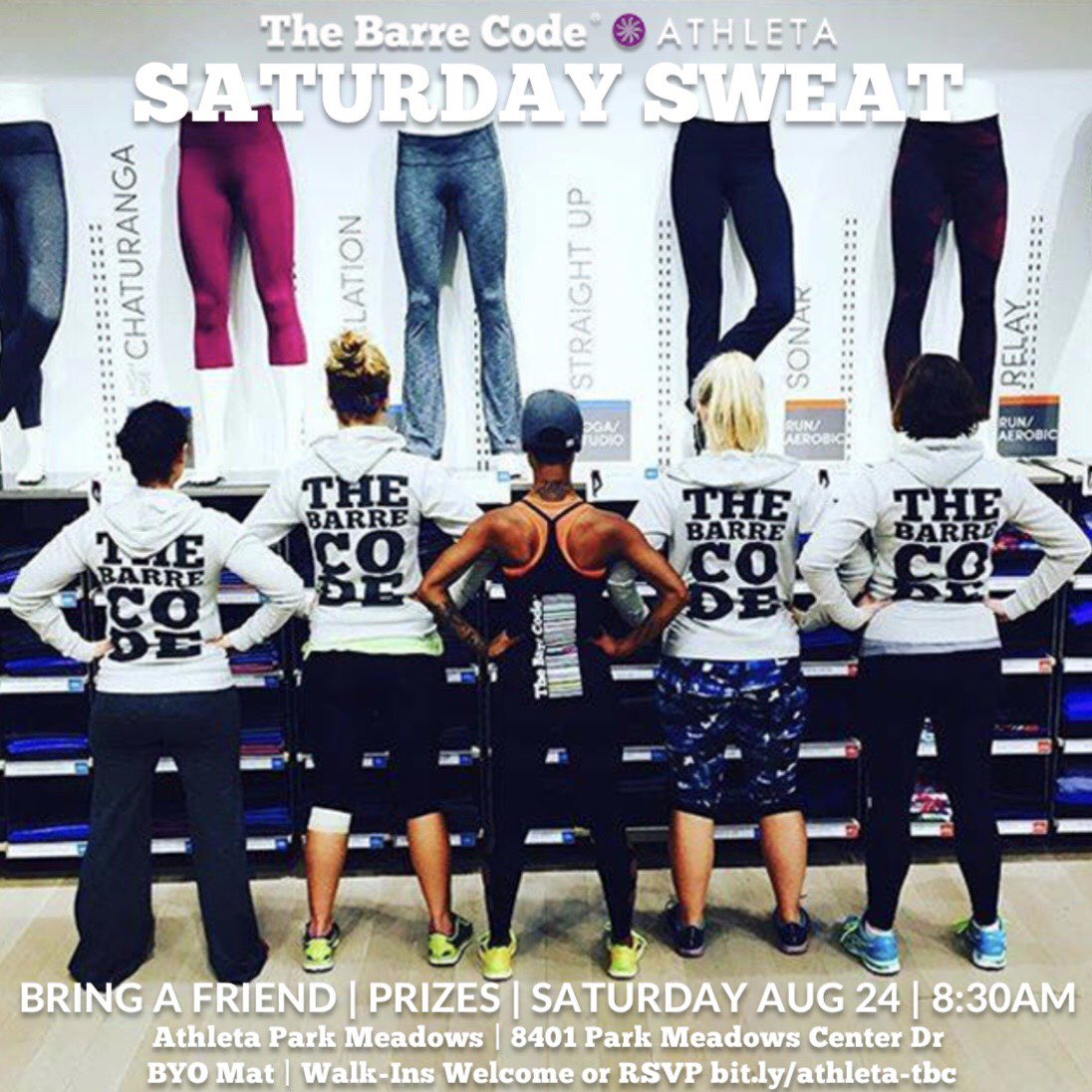 Athleta_PM's tweet photo. Join Maureen, owner of the Barre Code LoneTree for a great Saturday workout at Athleta Park Meadows this Saturday! #athletafreeclass #denverfitness #athletafitpro #barre #athletacommunity #saturdayfitness #iloveparkmeadows #barrecode https://t.co/0Fap5TpUoO