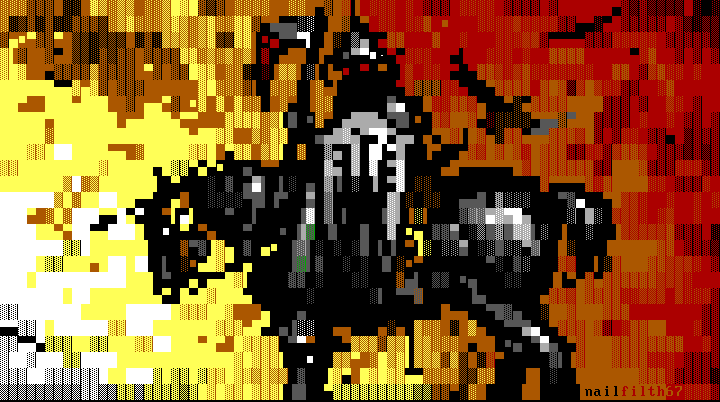 “Frazetta's Dealer”, ANSI textmode tribute to the late and great Frank Frazetta, joint effort with <a href="/_feathers/">Joshua Hillyard</a> of <a href="/blocktronics/">blocktronics</a> for the competition at this year's <a href="/evoke_eu/">evoke demoparty @evoke@abraum.social</a> demoparty.

#ansi #textmode #8bit #demoscene #retrocomputing #frazetta #deathdealer