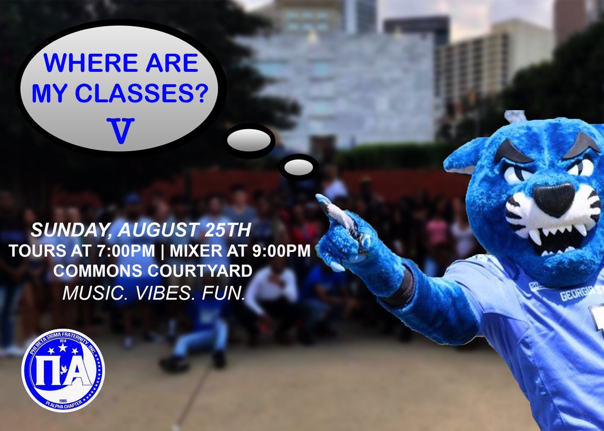 PiAlpha's tweet photo. The Powerful Pi Alpha Chapter of Phi Beta Sigma Fraternity, Inc. will be leading tours around campus to show freshman and transfer students where their classes will be held and will also highlight study hot spots! #WhereAreMyClasses #GSU23 🔵🐾 #GSU22 #Newstudentorientation https://t.co/YiW3JViAIr