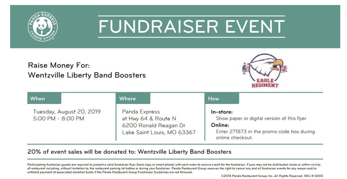 WSDLibertyBand's tweet photo. Come support the Band and enjoy some Panda Express from 5-8pm tomorrow evening at the Lake Saint Louis location! Just show this image or use the online ordering code, and 20% of your purchase amount will be donated to the LHS Band! 🐼 #BandaExpress https://t.co/BYQhMdceC8