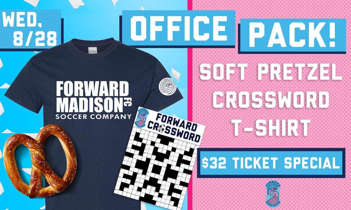 Get your Stanley Pack! 🥨

$32 gets you a match ticket, a soft pretzel, a crossword puzzle, and a Forward/Office tee for our Aug. 28 game!

🎟️ Stanley Pack tickets: groupmatics.events/event/FMFCOffi…