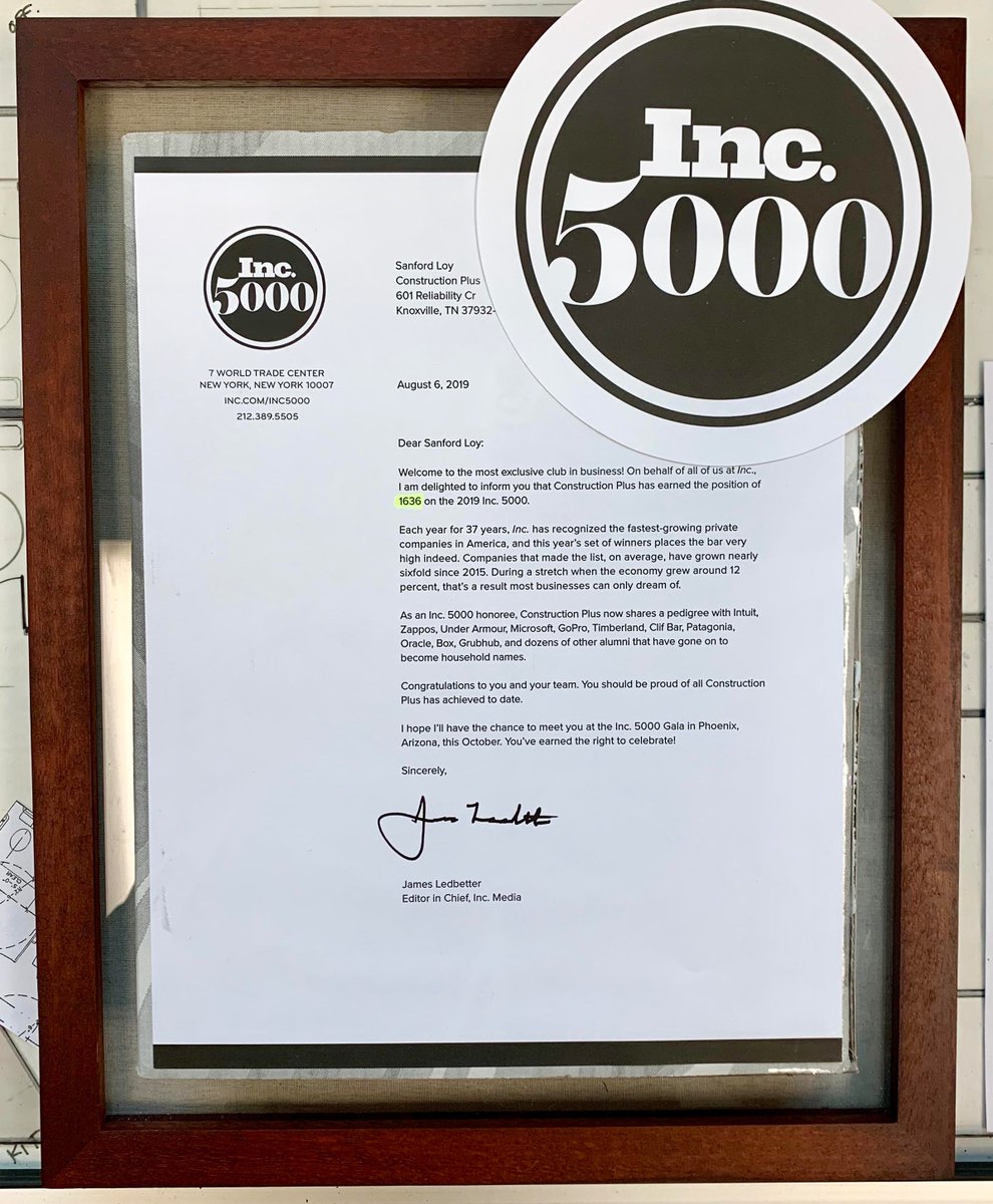 ConstPlusInc's tweet image. See the 2019 Inc. 5000 award letter we received here!