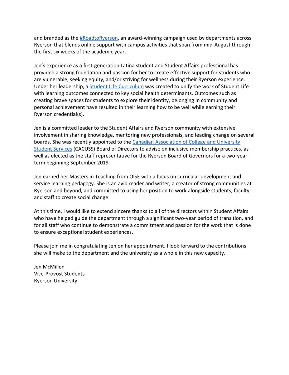 VPSTorontoMet's tweet photo. So excited to share that @jengonzales8 has been appointed as the new Executive Director, Student Affairs @RyersonU!  Talk about a #SAPro.  Congrats Jen! https://t.co/QJ3RLA2Vyc