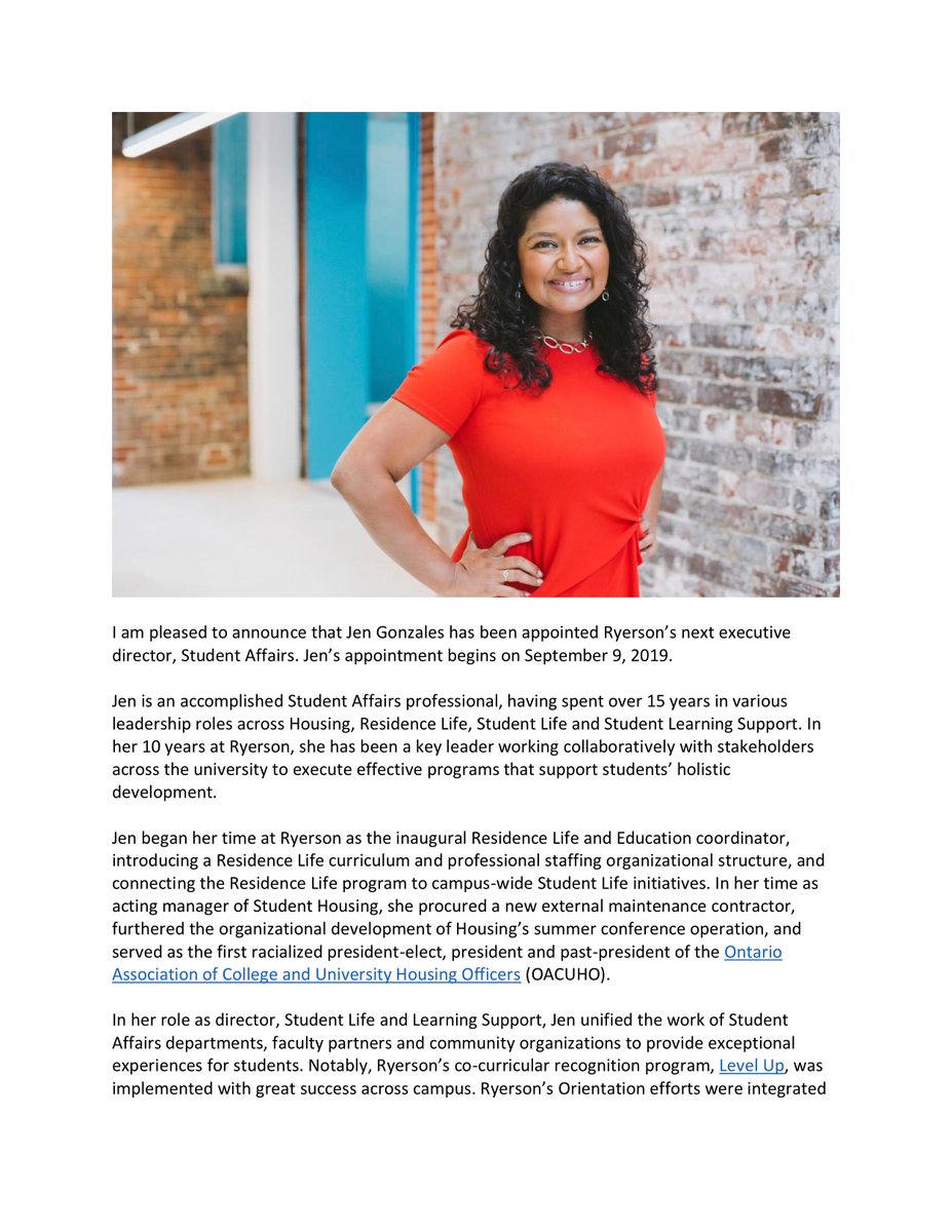 VPSTorontoMet's tweet photo. So excited to share that @jengonzales8 has been appointed as the new Executive Director, Student Affairs @RyersonU!  Talk about a #SAPro.  Congrats Jen! https://t.co/QJ3RLA2Vyc