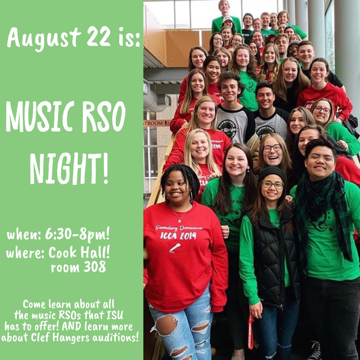 Music RSO Night is this Thursday August 22 from 6:30-8! Come hangout with all of the awesome music groups ISU has to offer and learn more information about auditions! We can’t wait to see you there! 💚