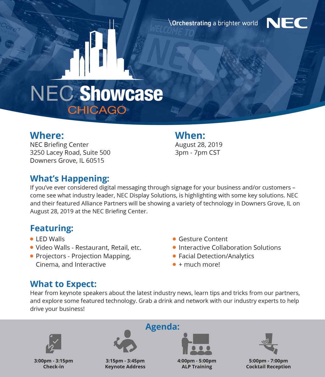 #ICYDK We are having our first #NECshowcase in #Chicago on 8/28/19 as part of a #Roadshow. Register: necdisplay.com/showcase/showc…  #avtweeps #proav #analytics #projectionmapping #tech #displaysolutions  #audiovisual #facialdetection #CloudComputing #gestures