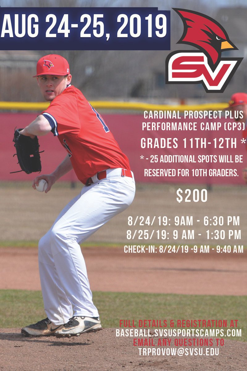 Some of the coaches assisting with the CP3 Showcase Camp will be Shelby Dixon from Olivet College, Cam Fowler from Delta College, and Mitchell Griffiths from Adrian College.
Go to baseball.svsusportscamps.com to sign up to work with there guys on Aug. 24-25!