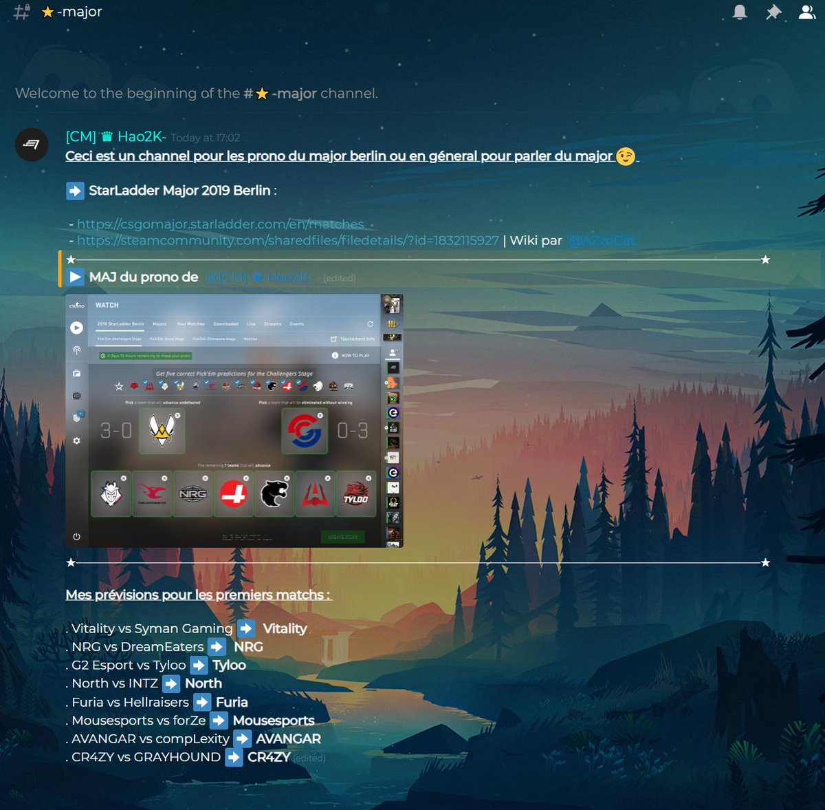 Community_E7's tweet image. Si vous souhaitez interagir par rapport au major et faire par de vos pronostiques veillez vous dirigez vers le channel #⭐-major de notre discord 👌

discord.gg/tDRqfpW
P.S : Petit mention pour @AZzoCat qui a fait un petit post steam pour vous aider sur le major 👍