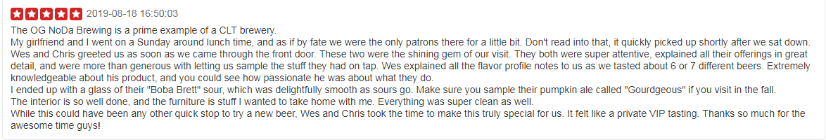 NoDaBrewing's tweet photo. The proof is in the pudding, or in this case, a review. 👌 Everyday is a labor of love at NoDa Brewing. The OG is clearly no exception. We hope you come by soon, if you haven't experienced what this location has to offer! Good vibes included. 🍻 #cltbeer #charlottebeer #nodabeer https://t.co/mUceWRGipl