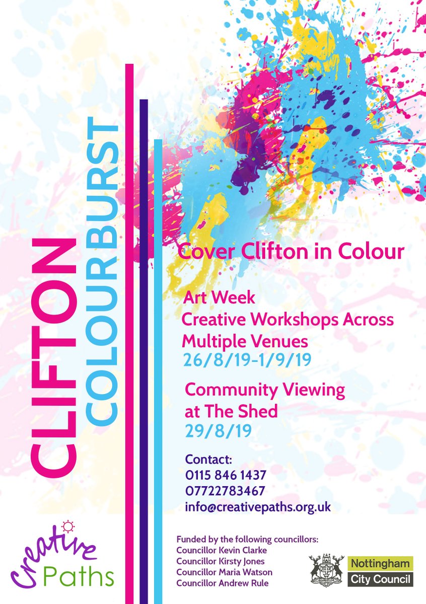 Coming soon! Clifton Colour Burst. Join us for a week of colourful creations with the #community viewing on Friday!
#whatsonnotts #artfestival #clifton #thingstodonottingham #colour #cohesion  #family #familyfestival