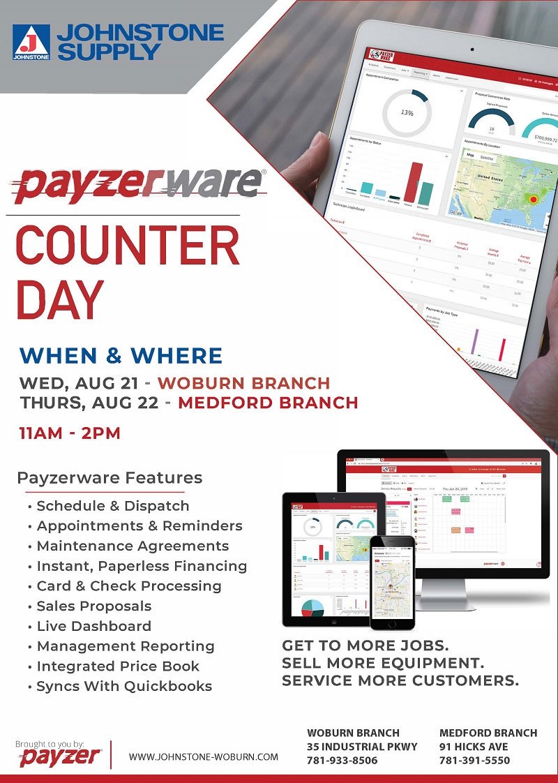 JohnstoneWoburn's tweet photo. Excited to have @PayzerLLC hosting Counter Days this Wed in Woburn and Thurs in Medford 11am-2pm. Learn more here https://t.co/aXOcfUxbtG #hvac https://t.co/bLjPrWgz1j