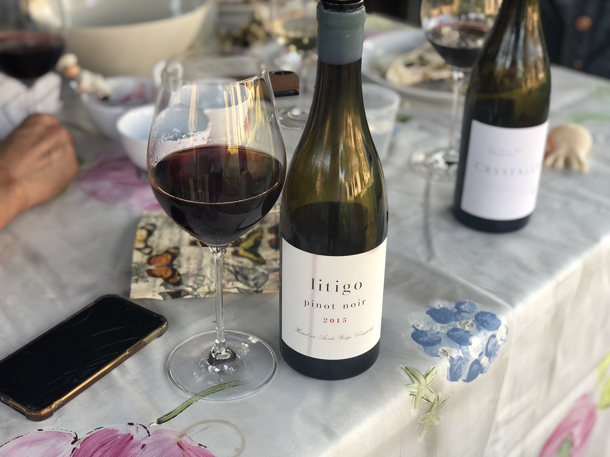 danlikeswine's tweet photo. Sunday indulgence: @crystallumwines Agnes chardonnay, a very rare bottle of #litigo pinot noir from @Hemel_En_Aarde (thanks @David_Higgs), Maarten van Beuningen’s #Miravel 1952, and @NewtonJohnsonSA’s brilliant pinot noir. All-star quartet. #DRLW https://t.co/dV1B5vCJmJ