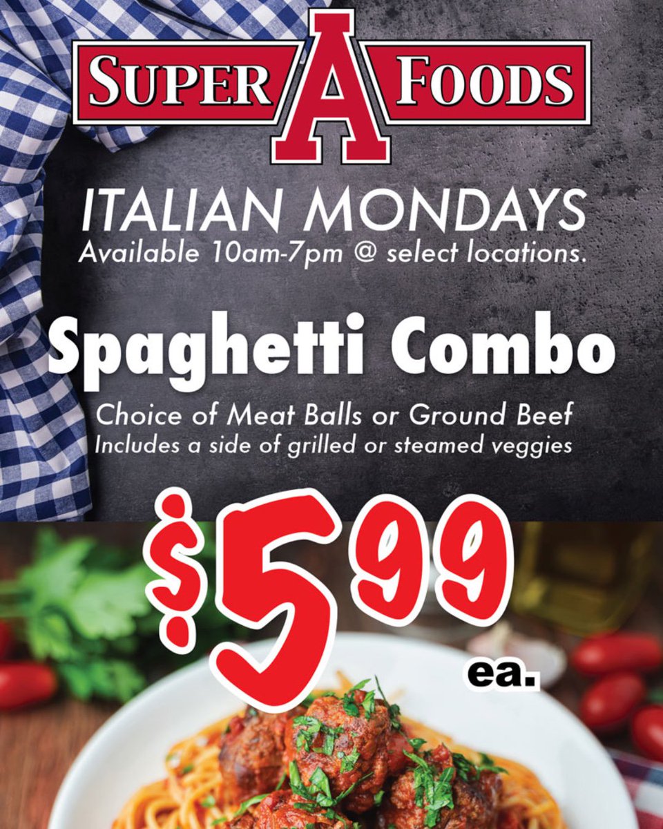 SuperAFoods's tweet photo. IT'S MONDAY! Come by and enjoy our delicious Spaghetti Combo deal for only $5.99! 😋  

#summercooking #dinner #goodfood #food #foodie #tasty #groceryshopping #fresh #supermarket #superafoods #monday #spaghetti #superafoods #commercecalifornia #italianfood #pasta https://t.co/6O3XXuE8nD