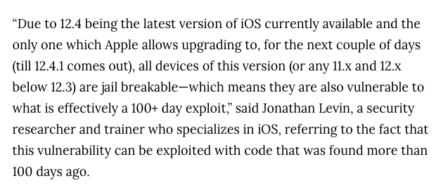 lorenzofb's tweet photo. New: a hacker has just released a jailbreak for up-to-date (iOS 12.4) iPhones, the first time anyone can jailbreak updated iPhones in years.

What's worse, the jailbreak was made possible by Apple reintroducing a bug it had already patched.

https://t.co/RorYqGVBDO https://t.co/hnrh7oOjKT