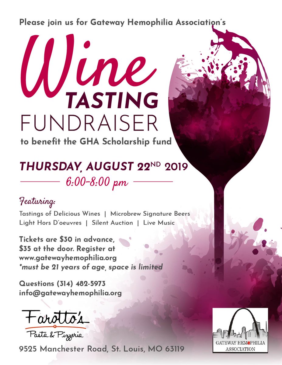 Join us on Thursday night for the Gateway Hemophilia Association’s Wine Tasting Fundraiser, benefitting their scholarship program!  
Enjoy great food, drinks, live music, and a whole lot of fun – all for a great cause!  
Get your tickets today!  
bit.ly/33M5pkb