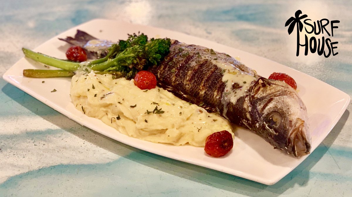 SurfHouseMD's tweet photo. Our special is Roasted Branzino, served w/ garlic mashed potatoes, sauteed cherry tomato + brocolini, &amp; topped with a white wine butter sauce ~ available while supplies last 😋🐟🏖️💙 https://t.co/FH3WWDSffP