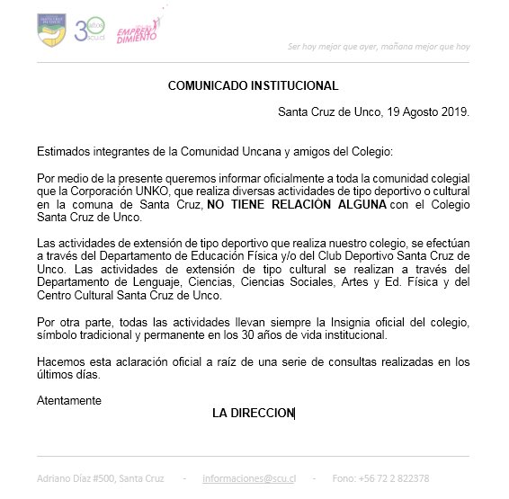 santacruzdeunco's tweet photo. Precisión necesaria:  Nuestro colegio UNCO, para no confundir https://t.co/qxnQYsivlH